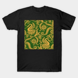 Green on Gold Classy Medieval Damask Swans T-Shirt